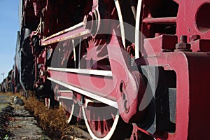 Red vintage train wheels of retro locomotive