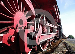 Red vintage train wheels of retro locomotive