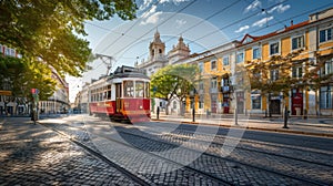 Red vintage tram on a cobbled street in Lisbon, architectural cityscape view