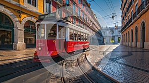 Red vintage tram on a cobbled street in Lisbon, architectural cityscape view