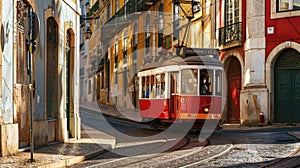 Red vintage tram on a cobbled street in Lisbon, architectural cityscape view