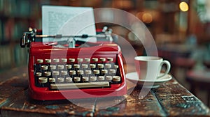 Red vintage typewriter with a blank page on a wooden table with a cup of coffee next to it