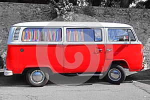 RED VINTAGE VAN IN THE STREET