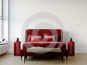 Red vintage velvet bedroom with empty white wall behind, mock-up