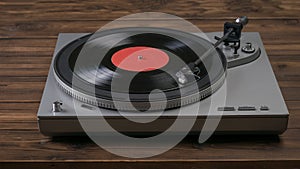 A red vinyl record player on a wooden table.