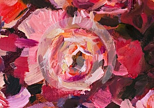 Red violet flowers rose peony texture oil painting. Abstract hand-paintet flowers background