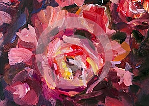 Red violet flowers rose peony texture oil painting. Abstract hand-paintet flowers background