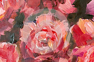 Red violet flowers rose peony texture oil painting. Abstract hand-paintet flowers background