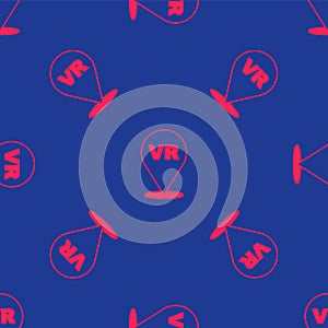 Red Virtual reality icon isolated seamless pattern on blue background. Futuristic VR head-up display design. Vector