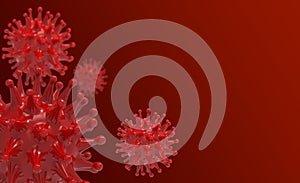 Red virus bacteria cells 3D render background image on red background. Flu, influenza, coronavirus model illustration. Covid-19