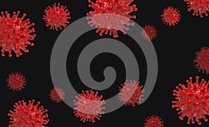 Red virus bacteria cells 3D render background image on black background. Flu, influenza, coronavirus model illustration. Covid-19