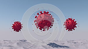 Red virus cells moving. Blue sky. Corona virus concept. Abstract animation, 3d render.