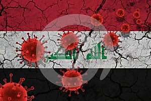 Red virus cells, pandemic influenza virus epidemic infection, coronavirus, Asian flu concept, against the background of a cracked