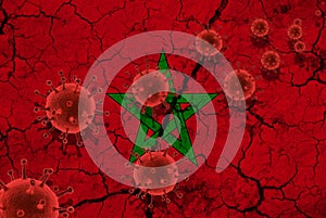 Red virus cells, pandemic influenza virus epidemic infection, coronavirus, Asian flu concept, against the background of a cracked