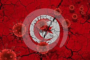 Red virus cells, pandemic influenza virus epidemic infection, coronavirus, Asian flu concept, against the background of a cracked