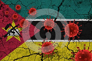 Red virus cells, pandemic influenza virus epidemic infection, coronavirus, Asian flu concept, against the background of a cracked