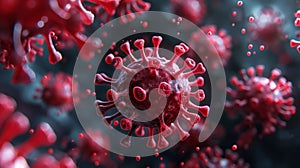 Red Virus Particles Floating in Microscopic View. Medical and Healthcare Concept. Pandemic and Epidemiology such as covid 19, photo