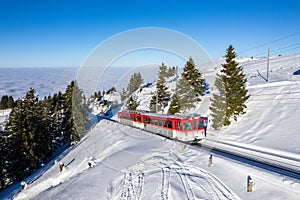 Red Vitznau Rigibahn train on mount rigi