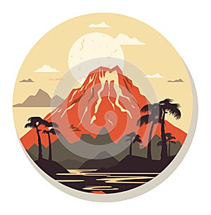Red volcano landscape with palm trees and lake at sunset, full moon in sky. Circular tropical mountain scenery vector