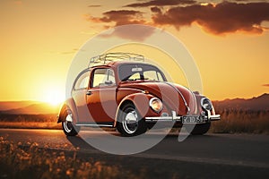 Red Volkswagen Beetle Driving Down Road at Sunset
