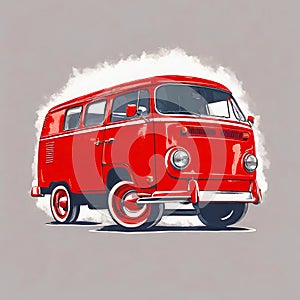 A illustration of a vintage red van on gray background.