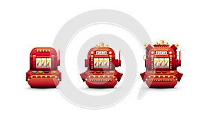 Red volumetric slot machines with jackpot in cartoon style isolated on white background. Steps upgrade of slot machine