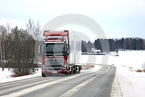 Red Volvo FH16 Cargo Truck Winter Road Landscape