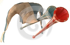 Red vuvuzela trumpet football fan. Vuvuzela isolated on a white background