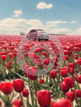 Red vw beetle in a field of red tulips