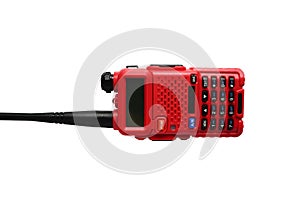 Red walkie talkie on a white background.