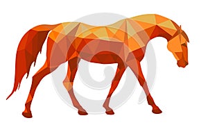 Red walking horse on a white background in low poly