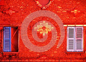 Red wall and colored shutters