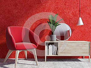 Red wall living room interior, armchair