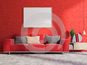 Red wall living room interior, sofa and poster