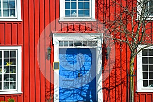 Red wall of scandinavian house with white window and tree near by house