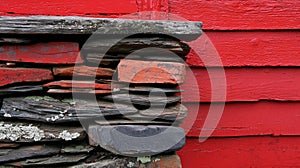 Red Wall with Stones
