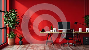 Red-Walled Creative Studio Hub. Concept Creative Workspace, Collaborative Atmosphere, Red Decor,