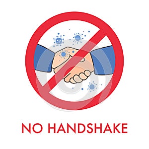 Red warning prohibit sign. Corona virus spread, do not shake hands, avoid physical contact. Handshake with dirty hands,