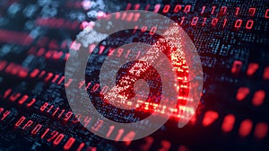 Red warning symbols emerging from a digital stream of binary code, representing a data breach