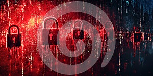 Red warning symbols emerging from a digital stream of binary code, representing a data breach