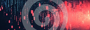 Red warning symbols emerging from a digital stream of binary code, representing a data breach