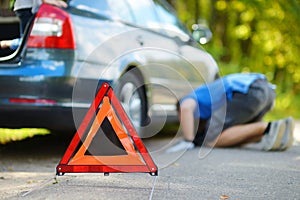 Red warning triangle sign on the road