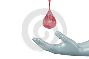 Red water drop with hand Isolated On White Background, 3D render. 3D illustration