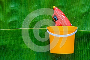 Red water gun in yellow bucket on wet banana leaf background