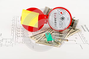 Red water meter with cash and keys on draft