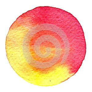 Red watercolor circle. Stain with paper texture. Design element isolated on white background. Hand drawn abstract template