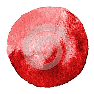 Red watercolor circle. Stain with paper texture. Design element isolated on white background. Hand drawn abstract template