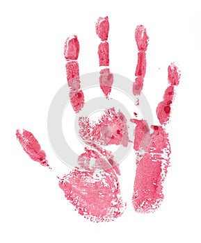 Red watercolor hand print on white background