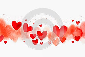 Red watercolor hearts on white background for Valentines Day and wedding invitations. Copy space