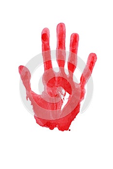 Red watercolor print of human hand on white background isolated close up, handprint illustration, colorful palm and fingers